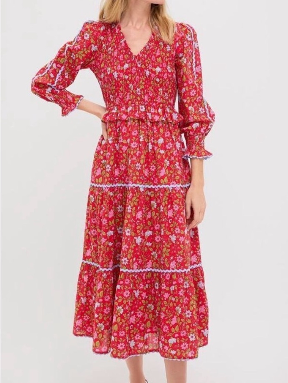 Smocked V-Neck Red Floral Midi Dress with Tiered Skirt